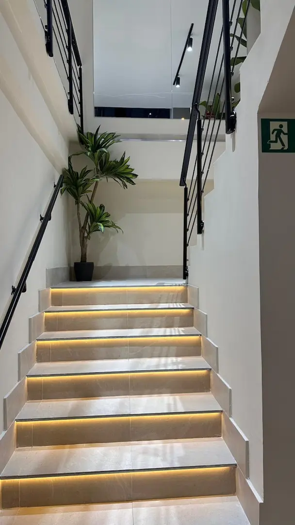 Escalera interior con barandilla negra y planta decorativa en Puerta del Carmen